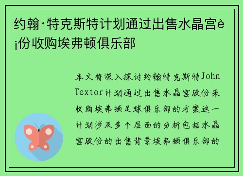 约翰·特克斯特计划通过出售水晶宫股份收购埃弗顿俱乐部