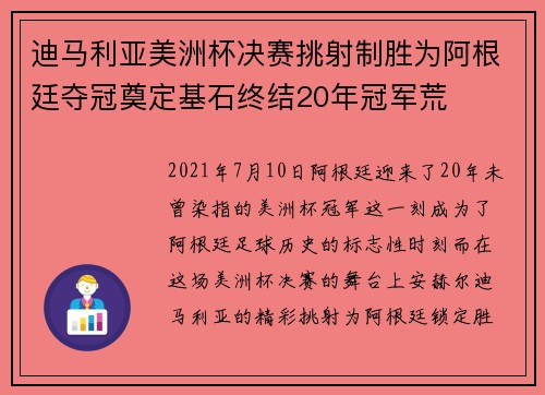 迪马利亚美洲杯决赛挑射制胜为阿根廷夺冠奠定基石终结20年冠军荒