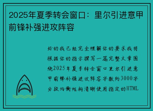 2025年夏季转会窗口：里尔引进意甲前锋补强进攻阵容