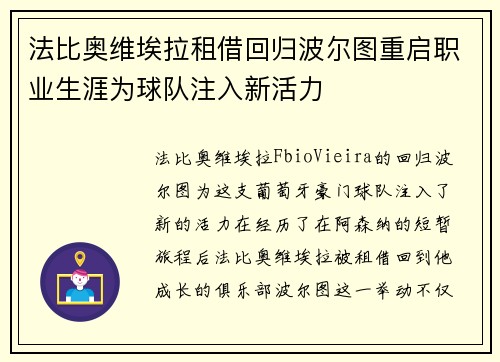法比奥维埃拉租借回归波尔图重启职业生涯为球队注入新活力